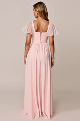 Bonbonrosa A Linie Chiffon Brautjungfernkleid mit quadratischem Ausschnitt